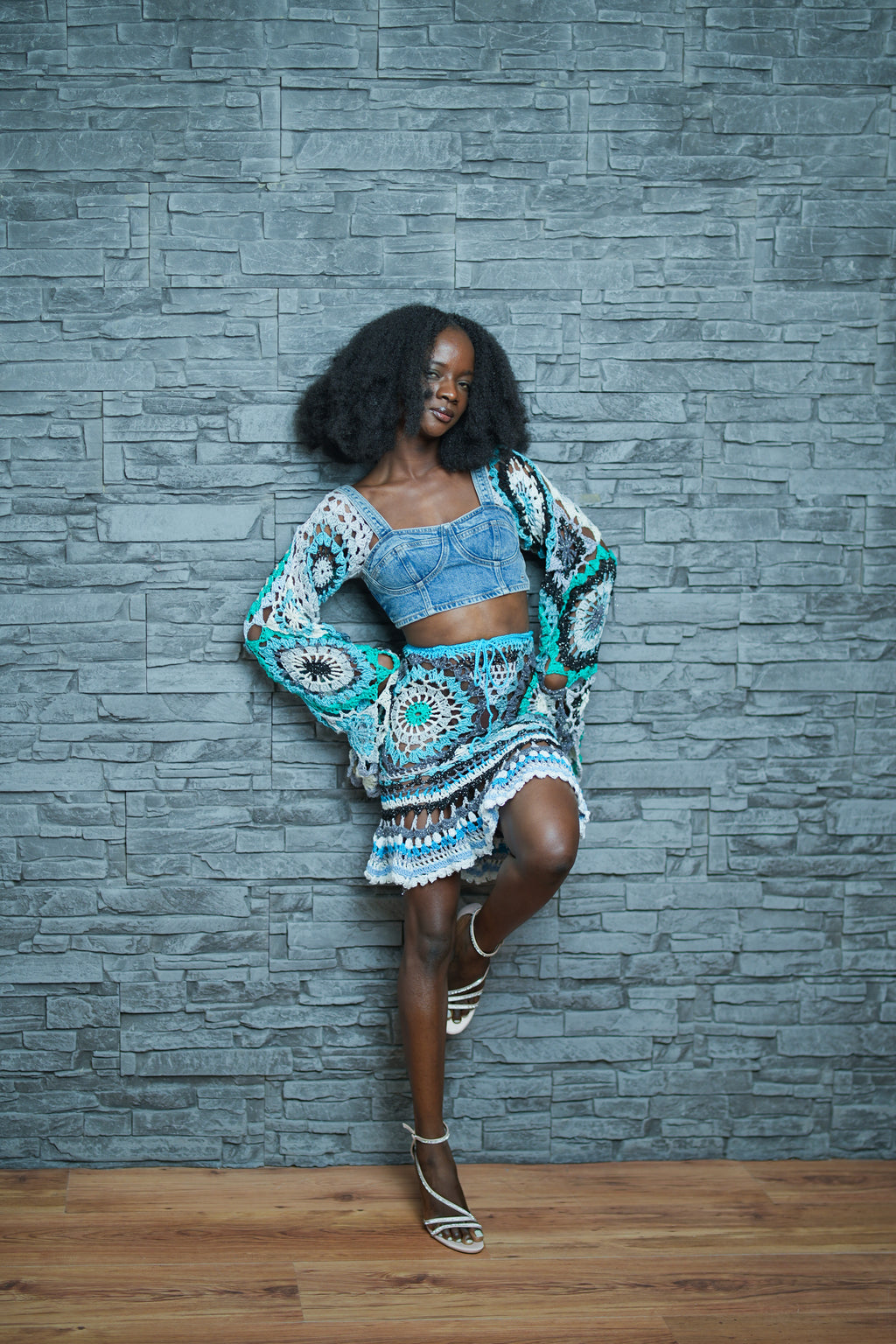 Crocheted Tommy Hilfiger Crop Top with Mandala Long Sleeves and Skirt Set