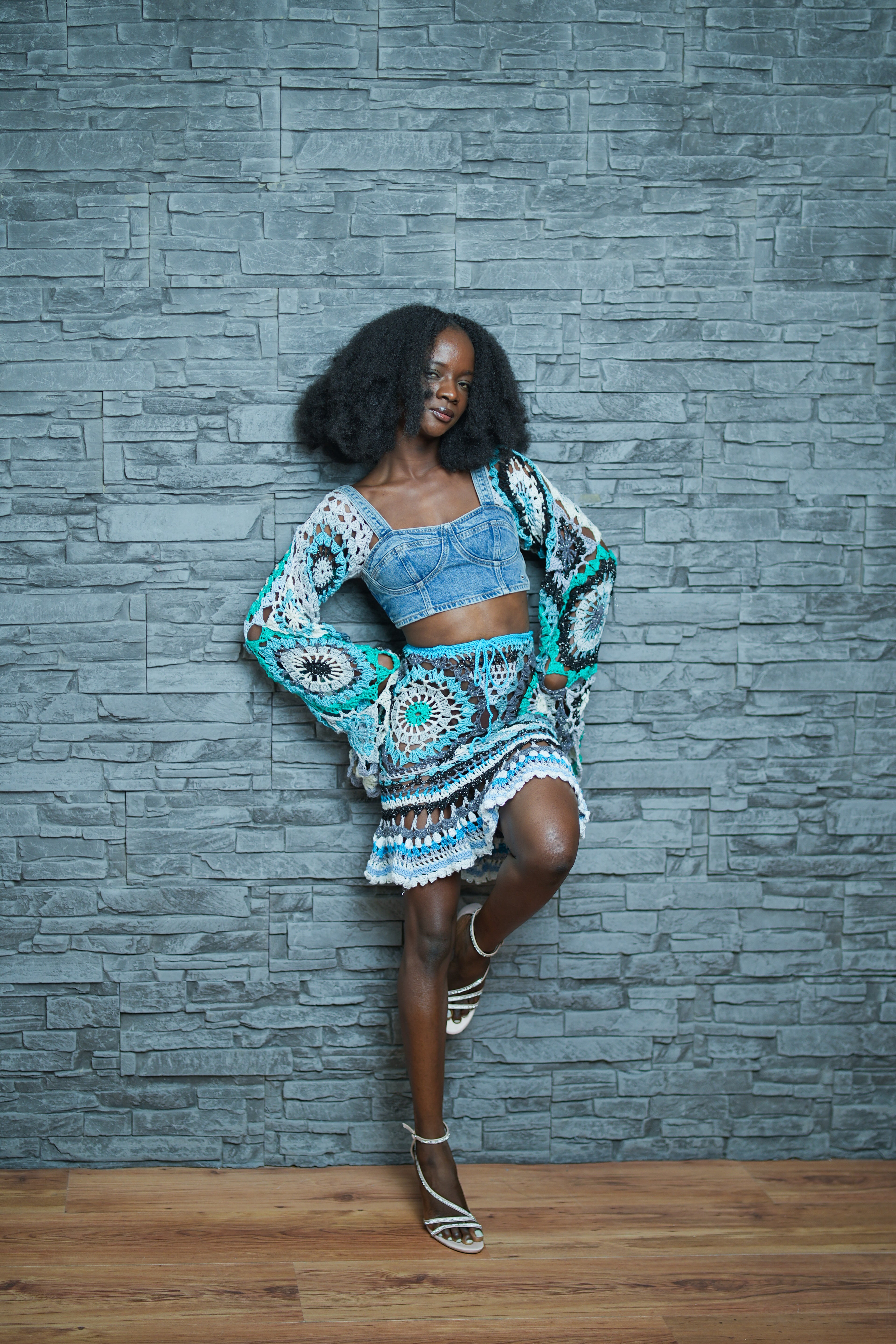 Crocheted Tommy Hilfiger Crop Top with Mandala Long Sleeves and Skirt Set
