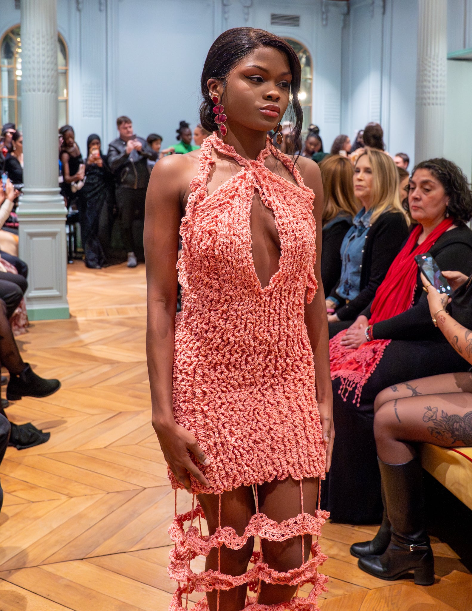 Crochet Halter Deep V-Neck Dress in Coral Pink, Handmade High Fashion Dress