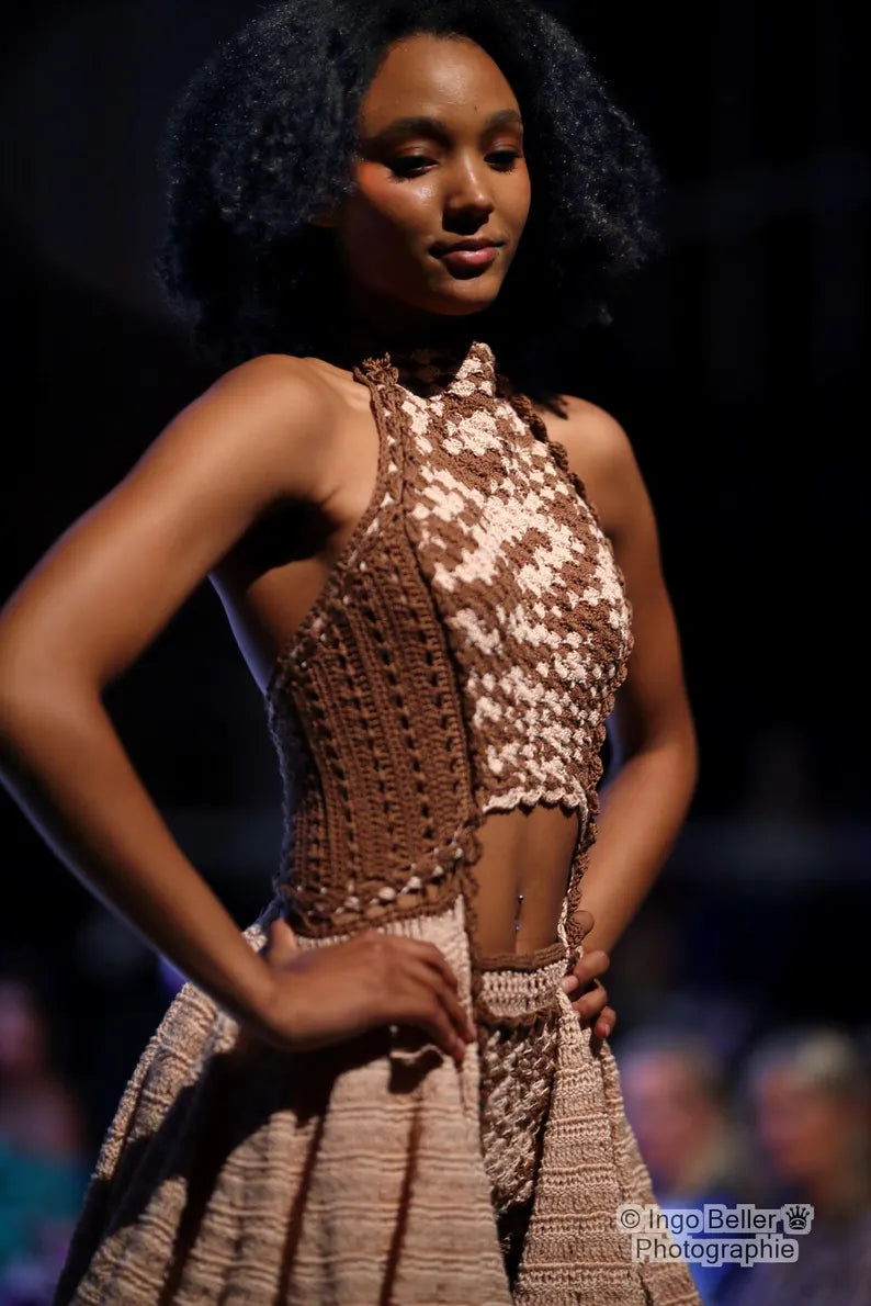 Brown Beige Crochet Ruffle