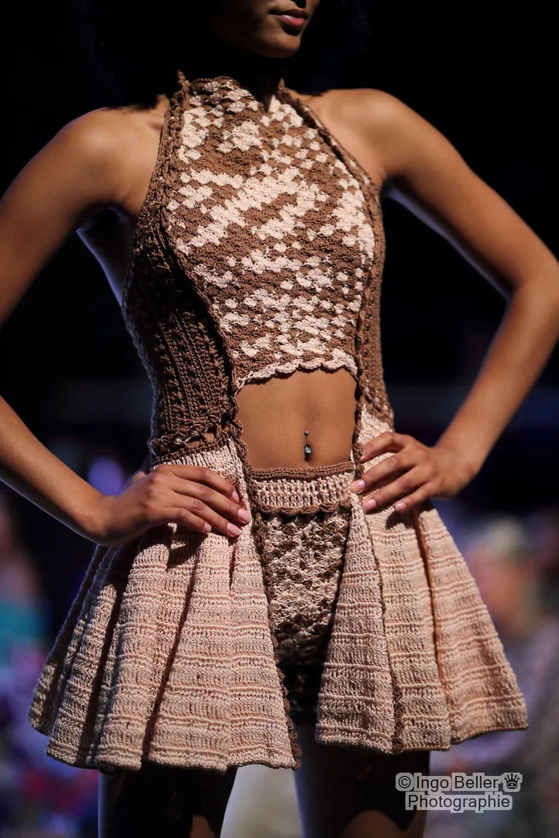 Brown Beige Crochet Ruffle